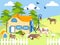 Farm animals cow, pig, bird, building, horse, agronomy. In minimalist style. Cartoon flat raster