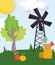 Farm animals duck in hay fruits windmill tree grass cartoon