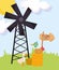 Farm animals duck in hay and goose windmill grass cartoon