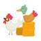 Farm animals duck and rooster stack of hay and tree