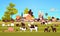 Farm animals grazing cow goat pig turkey sheep chicken different domestic animals breeding farming concept flat farmland