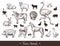 Farm animals handdrawn vintage set with cow, sheep, pig, horse, ostrich, guard dog, duck, rabbit, goose, turkey, lamb