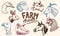 Farm animals. Head of a domestic horse pig goat cow alpaca llama rabbit sheep. Logos or emblems for signboard. Set of