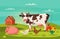 Farm animals and house. Village. Cartoon vector illustration