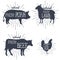 Farm animals icons set. Collection of labels with beautiful letterings such as chicken, beef, pork, lamb. Vector