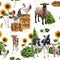 Farm animals in a meadow on a pasture. Cows, sheep and chickens on a ranch among sunflowers and haystacks. Simple rural life,