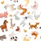 Farm animals pattern. domestic animals geese ducks cows pigs. Vector seamless background