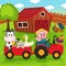 Farm animals ride on the tractor in the yard