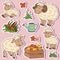 Farm animals set, vector stickers with sheep family