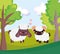 Farm animals sheep and goat love hearts grass tree cartoon