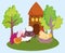 Farm animals sheep turkey hen in nest barn trees cartoon