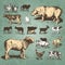 Farm animals vintage set (vector)