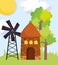 Farm animals windmill barn trees grass cartoon
