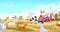 Farm background. Landscape with domestic animals walking on village field geese ducks cows pigs. Vector colored template