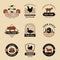 Farm badges. Rural emblems milk meat vegetables and fruits country horses coes pork symbols recent vector templates