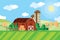 Farm barn and grain storage on agricultural field with haystacks rural landscape
