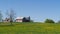 Farm, barn and silo hill of field with dandelions