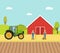 Farm with a barn and the tractor and farmers men in working overalls and straw hats.