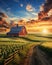 Farm barn wheat field green grass sunset cows in the distance Generative AI