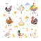 Farm birds cartoon set. Duck on nest, turkey and hen with yellow chickens. Cute agriculture bird, rooster and poultry