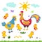 Farm birds family cartoon flat illustration. rooster hen chicken on white background