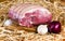 Farm British Boneless Pork Shoulder on cutting board and straw, onion, garlic and Sea salt