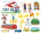 Farm buildings and constructions flat infographic vector elements set. Icons of farmer house, barn, windmill, watermill