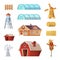 Farm buildings and constructions set. Agriculture industry and countryside life objects. Vector cartoon concept design