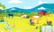 Farm cartoon landscape, vector illustration. Agriculture farming barn, rural animal cow chicken outdoor. People
