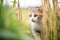 farm cat stalking through tall grass