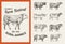 Farm cattle bulls and cows. Vintage cards. Different breeds of domestic animals. set of posters. Engraved hand drawn