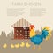 Farm chicken characters. Singing rooster banner vector flat illustration. Cute and funny hens. Cock looking after chicks
