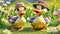 Farm comic happy duck hat meadow flowers