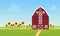 Farm countryside landscape with ranch barn, sunflower field, rustic agricultural scenery