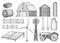 Farm, countryside, rural object collection, illustration, drawing, engraving, ink, line art, vector