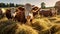 farm cows eating hay