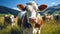 Farm Cows Grazing in a Summer meadow Blue Sky and White Clouds Background AI Generative