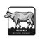 Farm dairy cow. Logo, emblem in engraved style. Vector illustration.