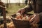 farm.farmer collects eggs in a basket in a chicken coop on his farm