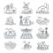 Farm and farming fields linear vector icons on white background. Farming and agriculture life concept