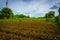 Farm field already fertilized and ready to cultivate with bushes around and beautiful sky as background photo taken in