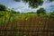 Farm field already fertilized and ready to cultivate surrounding by wood fence and beautiful sky as background photo