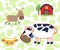 Farm field animals cartoon, donkey, cow, barn, water tub, on stripe background