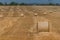 Farm field haystack agriculture landscape. Haystack harvest landscape