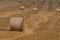 Farm field haystack agriculture landscape. Haystack harvest landscape