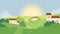 Farm field, summer nature landscape vector illustration, cartoon flat village with farmer houses on rural green grass