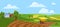 Farm field with sunny meadow, rural house and barn, countryside landscape flat vector illustration.