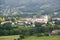 Farm fields in front of Sare, France in Basque Country on Spanish-French border, a hilltop 17th century village in the Labourd pro