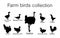 Farm fowl birds vector silhouette illustration isolated on white background. Domestic poultry: Turkey, goose, rooster, chicken...