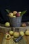 Farm fresh apricots wooden basket closeup in kitchen